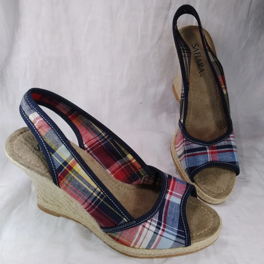 Sahara Buckley Plaid SANDALS Red White Blue Womens Size 10M Slingback Wedge Heel